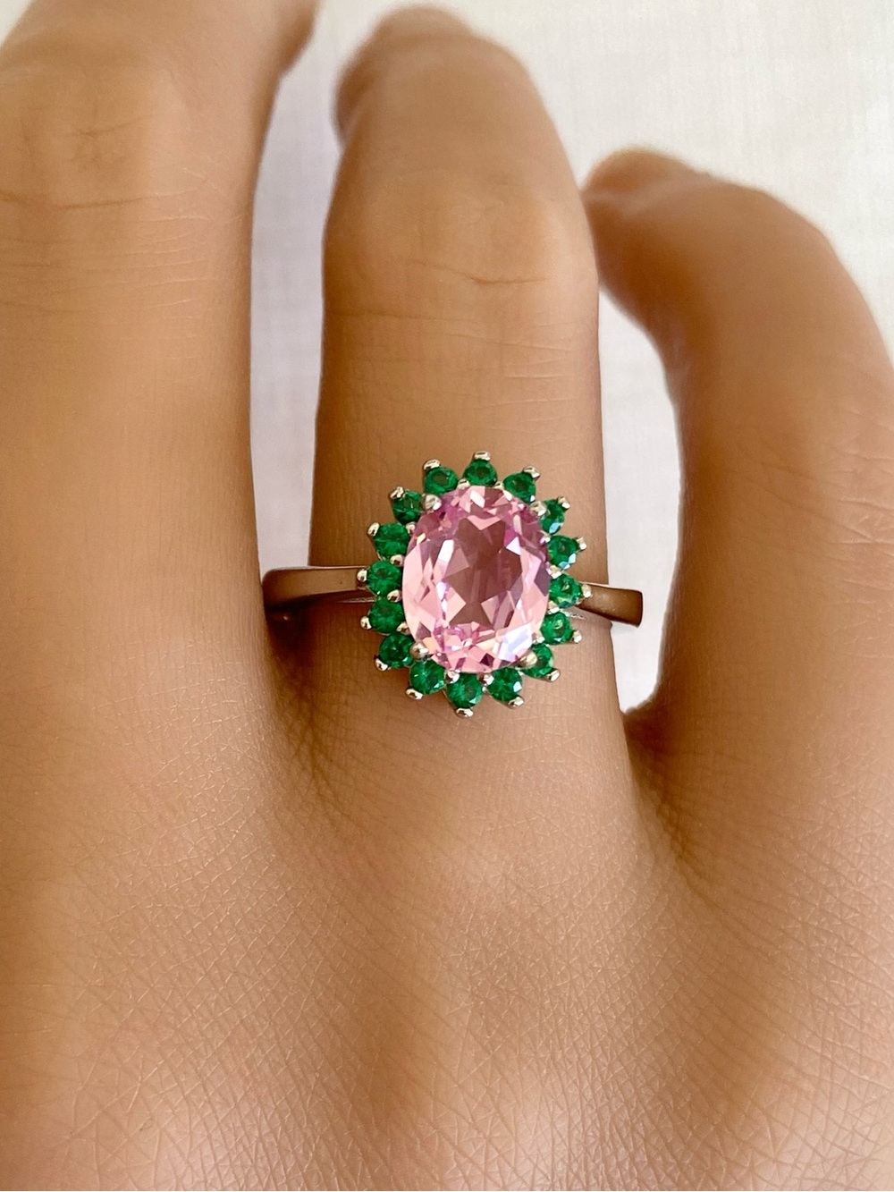 Oval Pink Sapphire Stone Halo Round Green Emerald Sterling Silver Statement Ring